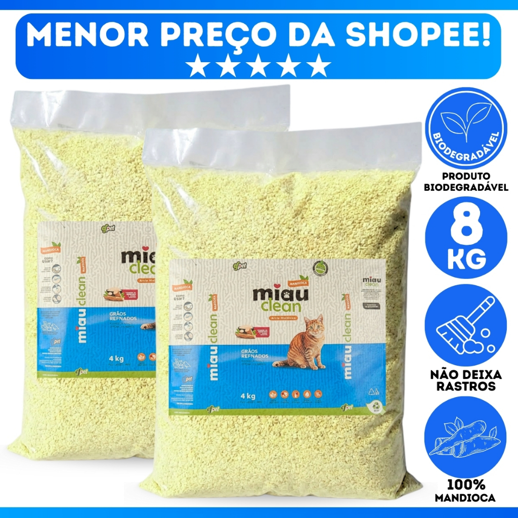 Areia Higiênica Biodegradável 100% Mandioca Para Gato - 8 Kg - MENOR PREÇO!