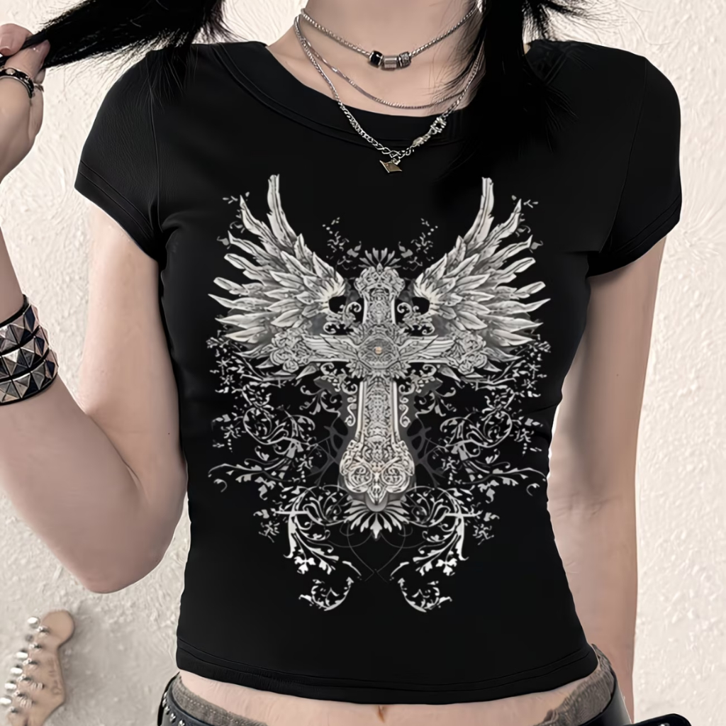 Blusa Cropped Cruz Gotico Asas Moda Feminina Y2k Algodão Babylook em Oferta na Shopee