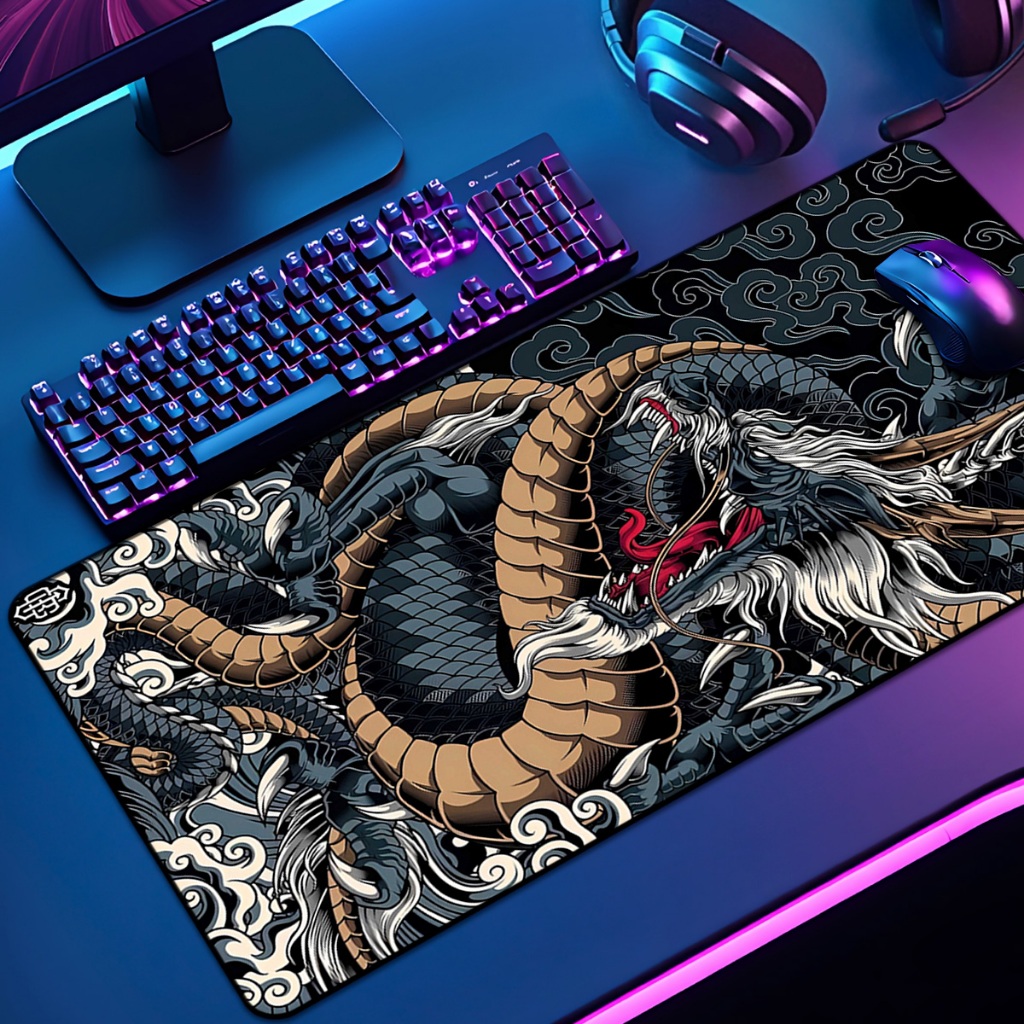 Mouse Pad Dragão japonês Gamer XXL Antiderrapante Setup Speed Extra Grande Diversas Borda Costurada