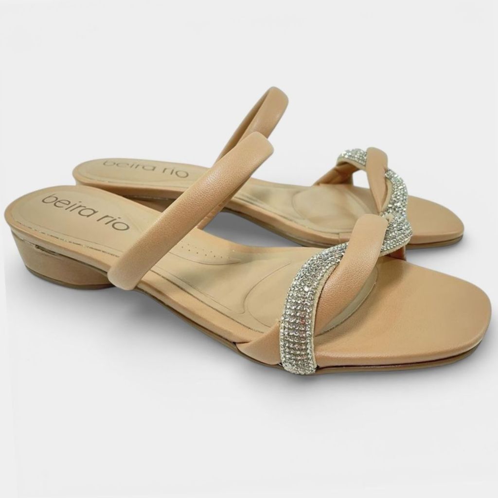 Tamanco Beira Rio Strass Salto Baixo - Nude em Oferta na Shopee