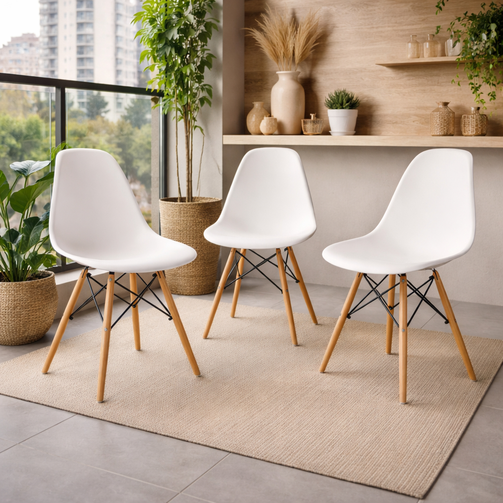 Conjunto 3 Cadeira Eames Eiffel Branca Pés Madeira Design Decorativo Versátil