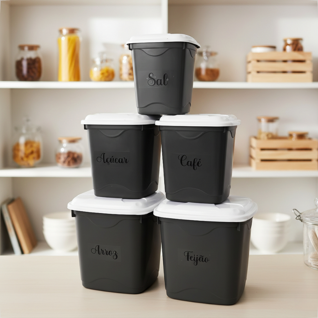 Conjunto Kit Mantimento 5 Potes Plástico Com Tampa Organizador de Temperos Sal Arroz Feijão Premium