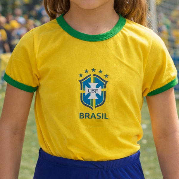 Camisa Infantil Juvenil Feminina com Estampa da Bandeira do Brasil em Algodão Camiseta de Time 100% Algodão