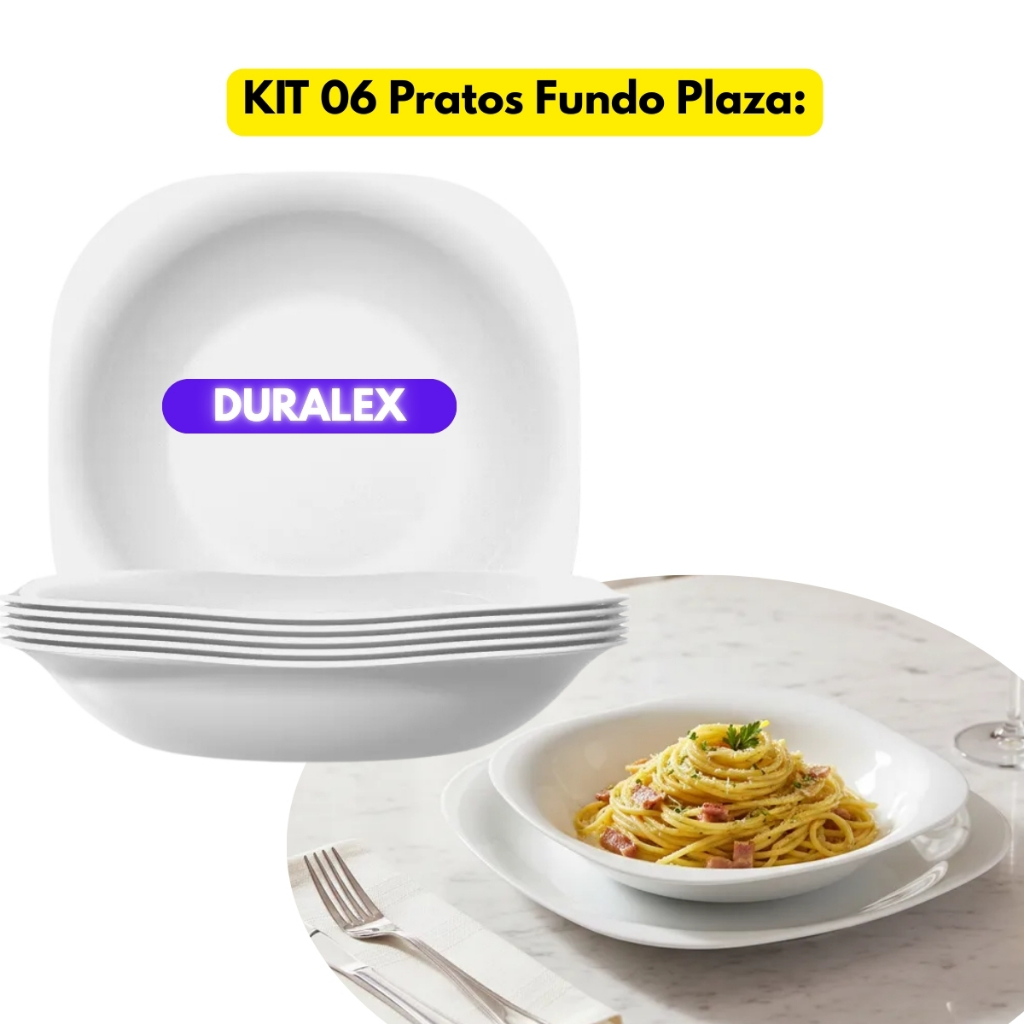 Kit 06 Pratos Plaza Fundo Vidro Quadrado Nadir Figueiredo Branco Opaline Jogo Jantar Conjunto Almoço