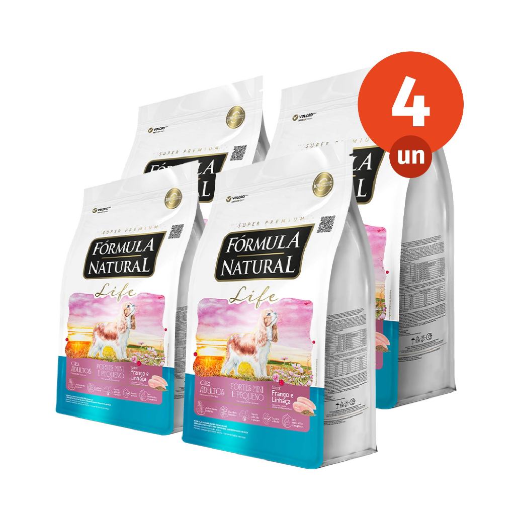 Kit 4 Ração Fórmula Natural Life Cães Adultos Porte Mini e Pequeno 1kg Adimax Total de 4kg