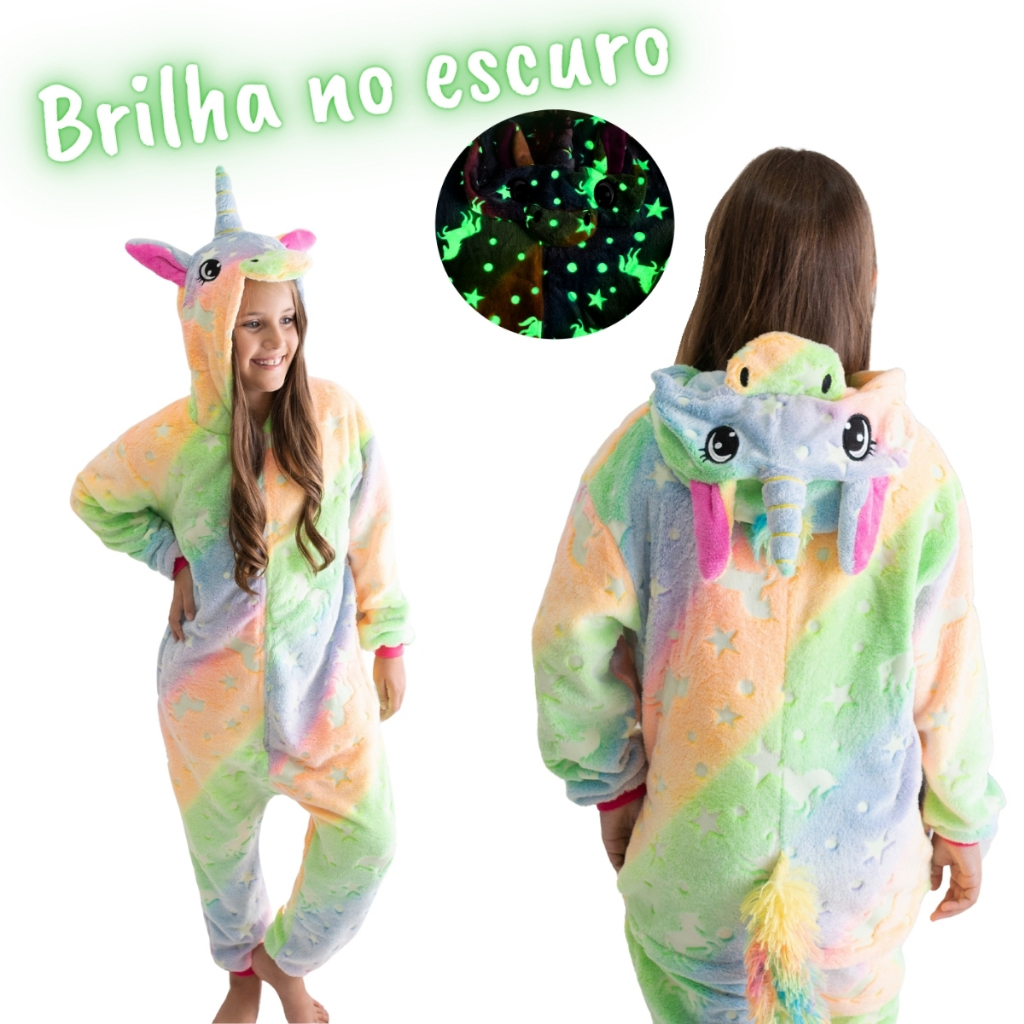 Macacão Pijama Infantil Unicórnio Menina Kigurumi Brilha no escuro - Envio Imediato em Oferta na Shopee