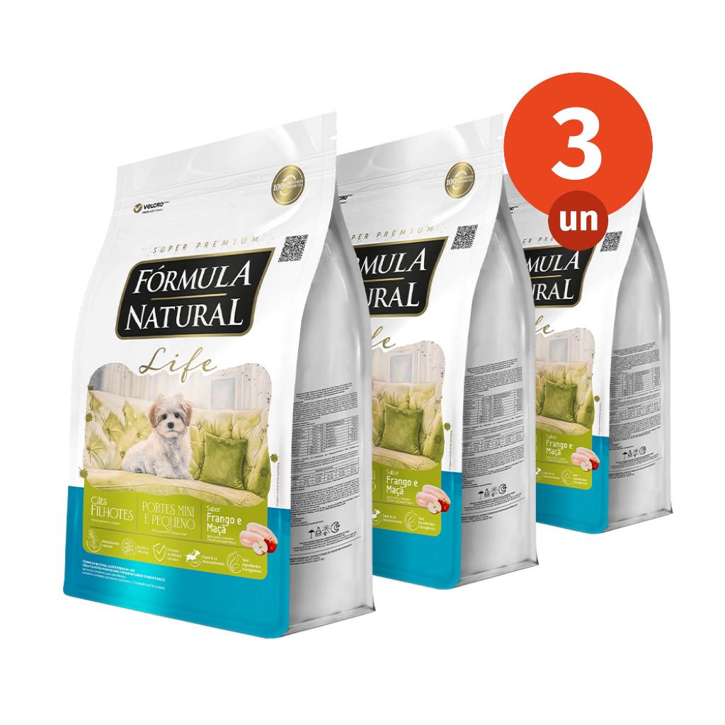 Kit 3 Ração Fórmula Natural Life Cães Filhotes Porte Mini e Pequeno 2,5kg Adimax Total de 7,5kg