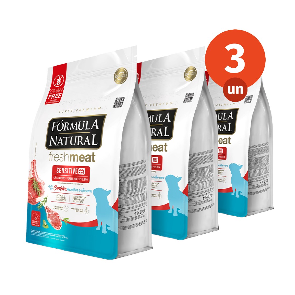 Kit 3 Ração Fórmula Natural Fresh Meat Sensitive Cães Porte Mini e Pequeno 1kg Adimax Total de 3kg
