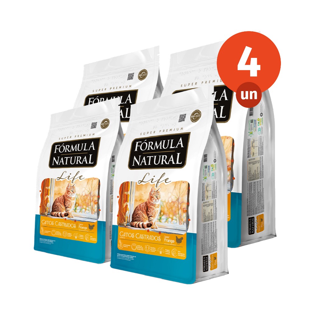 Kit 4 Ração Fórmula Natural Life Gatos Castrados Sabor Frango 1kg Adimax Total d