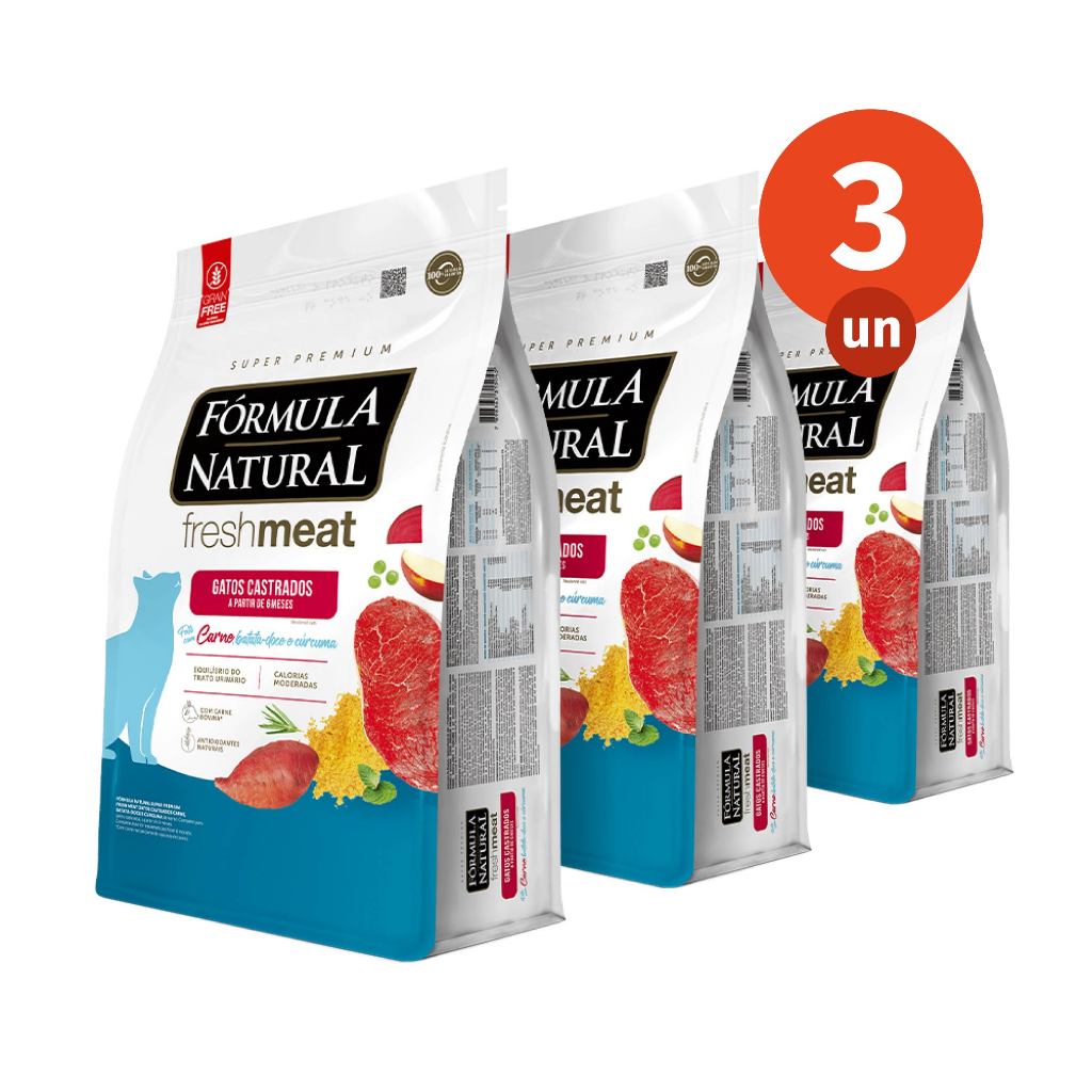 Kit 3 Ração Fórmula Natural Fresh Meat Gatos Castrados Sabor Carne 1kg Adimax Total de 3kg