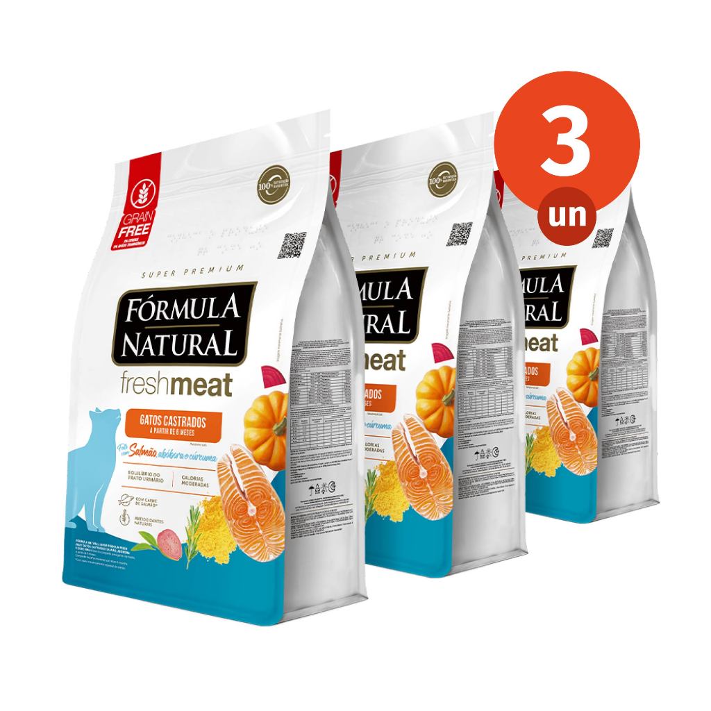 Kit 3 Ração Fórmula Natural Fresh Meat Gatos Castrados Sabor Salmão 1kg Adimax Total de 3kg