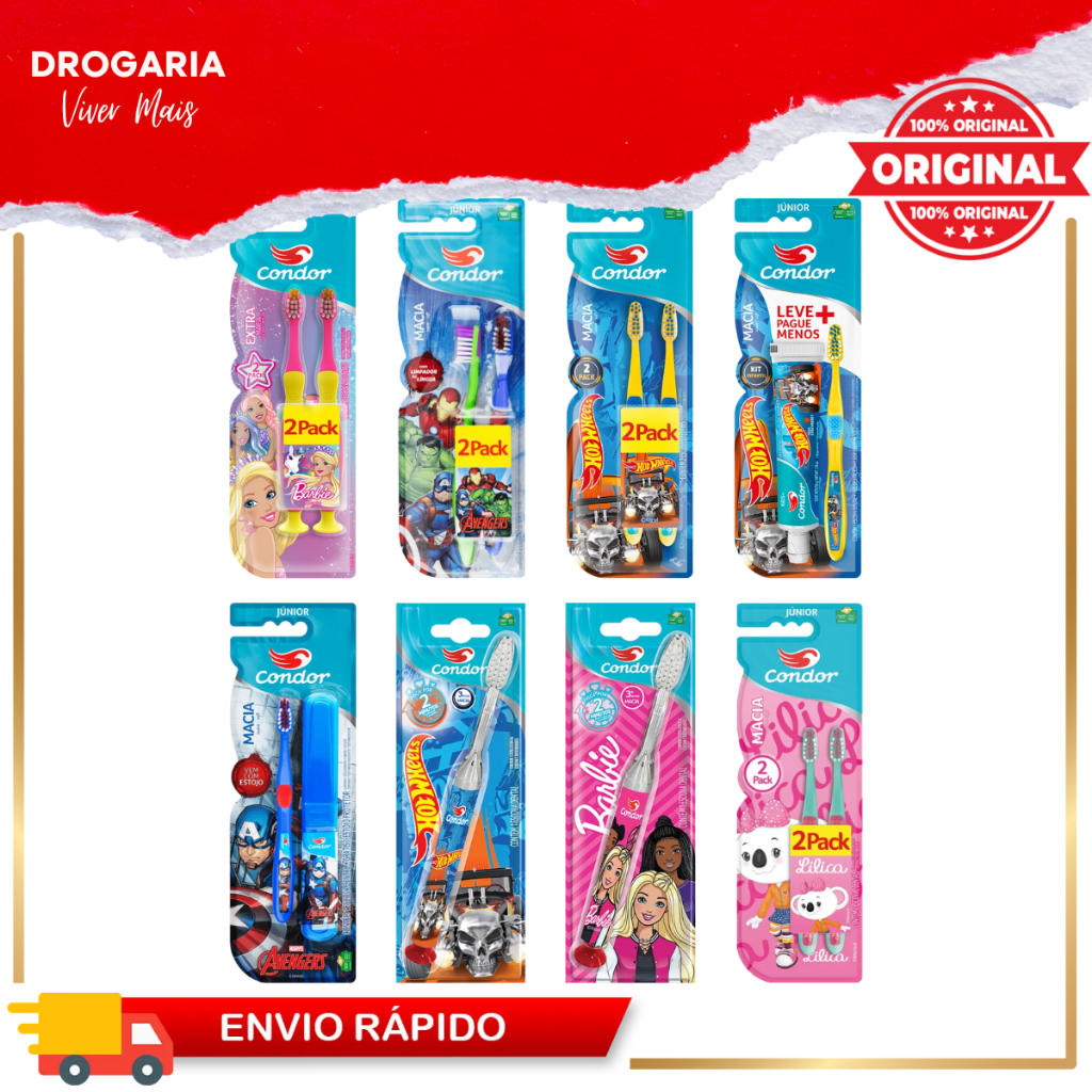 Kits Escovas de dente Condor personagens Kids em Oferta na Shopee