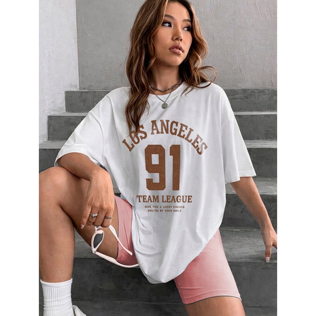 Camiseta Blusa Oversized "Los Angeles" T-shirt Algodão Feminina Camisa Academia Treino Gym Camisetão