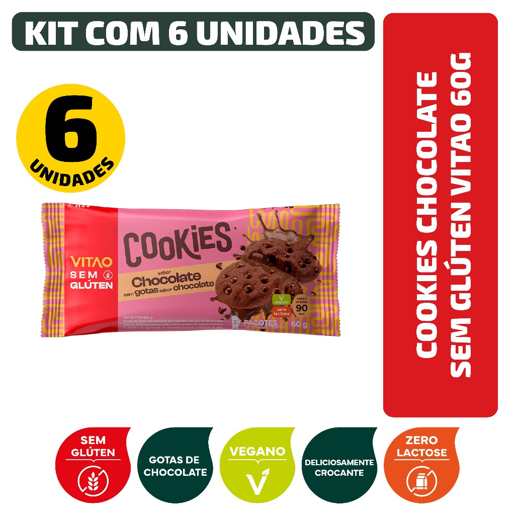 Kit Cookies Chocolate Sem Glúten Vitao 60G - 6 Unidades em Oferta na Shopee