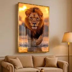 Quadro Moldura e Vidro Tamanho Grande Leão Majestoso Água Reflexo Pôr Do Sol Quarto Sala Escritório