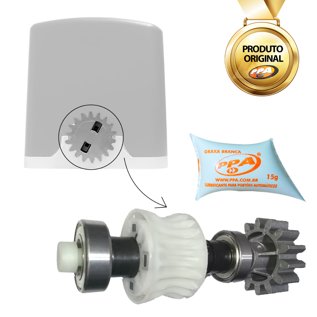 Kit Eixo de Automatizador Coroa Z23 Engrenagem Externa Z14 e Rolamento + Graxa PPA