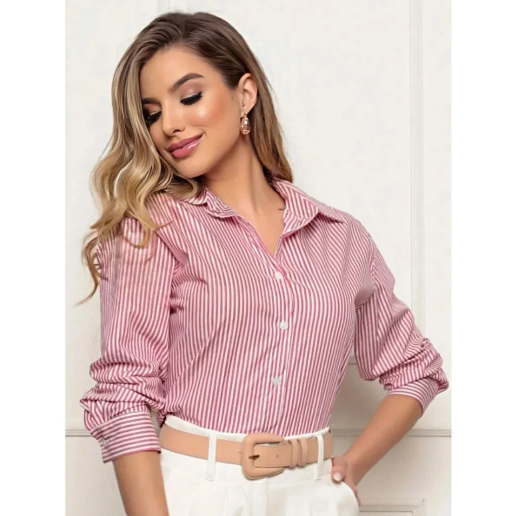 Camisa listrada feminina elegante - moda casual em crepe premium em Oferta na Shopee