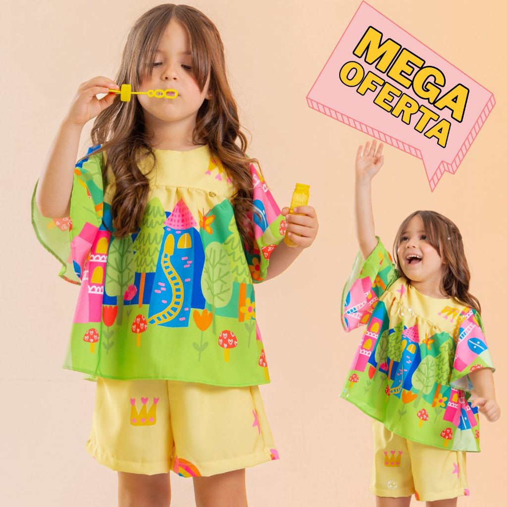 Conjunto Infantil Menina Estampado Cores Verão Casual Festa Aniversario Blogueirinha Short e blusa