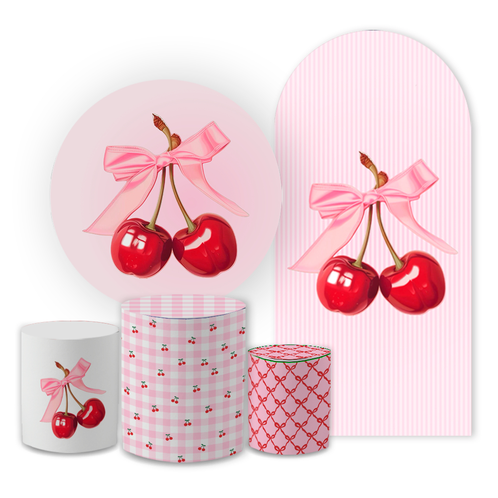 Kit Capa Painel Redondo 1.50m + Trio Cilindro Cereja Cerejinha do Bolo Rosa Decoração Festa Infantil