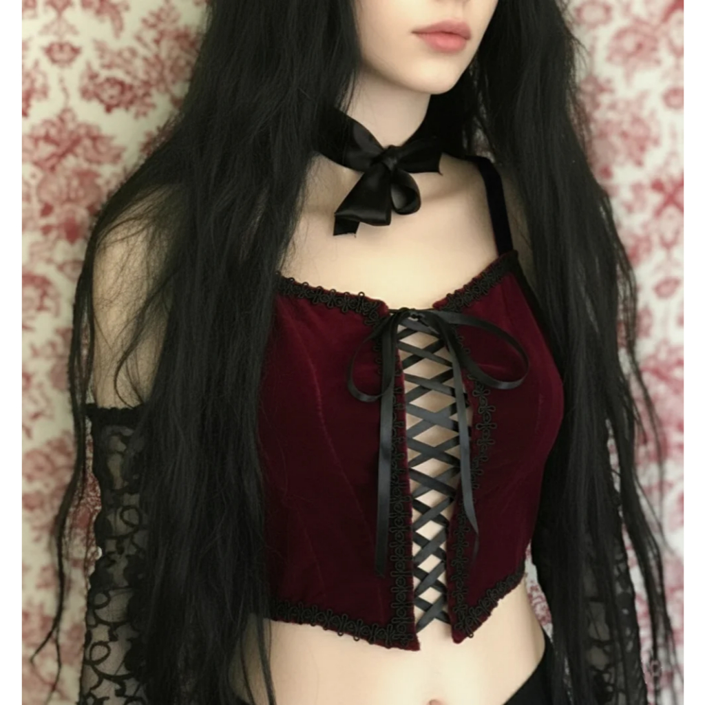 Cropped Veludo Vermelho Isabella Moda Gótica Goth Rock E girl Moda Alternativa Gótico