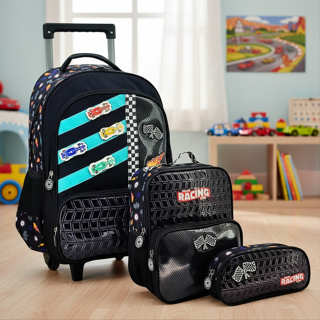 Kit Mochila Escolar com Rodinhas Carrinhos Racing Tamanho Grande Meninos com Lancheira Térmica e Estojo em Oferta na Shopee