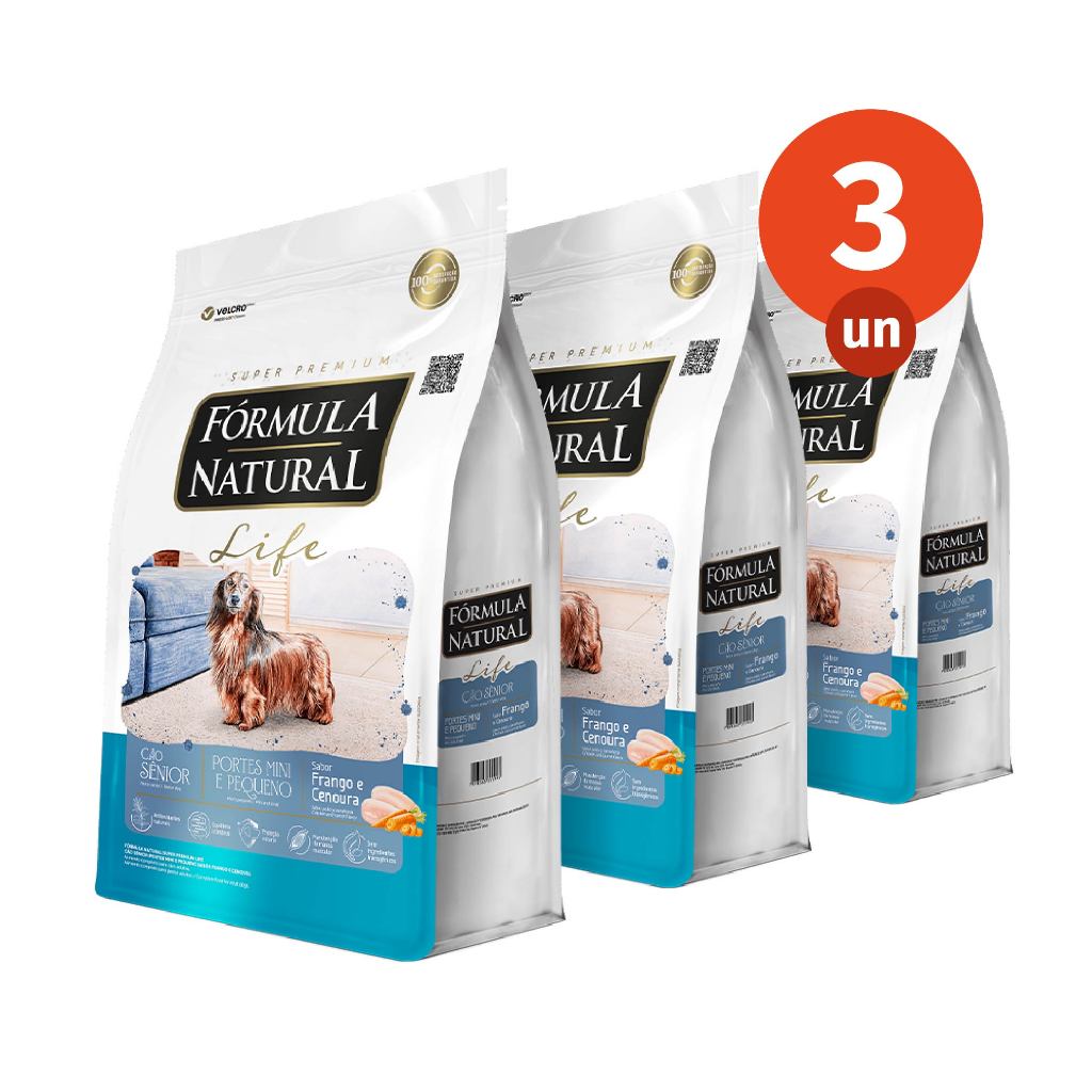 Kit 3 Ração Fórmula Natural Life Cães Sênior Mini e Pequeno 1kg Adimax Total de 3kg