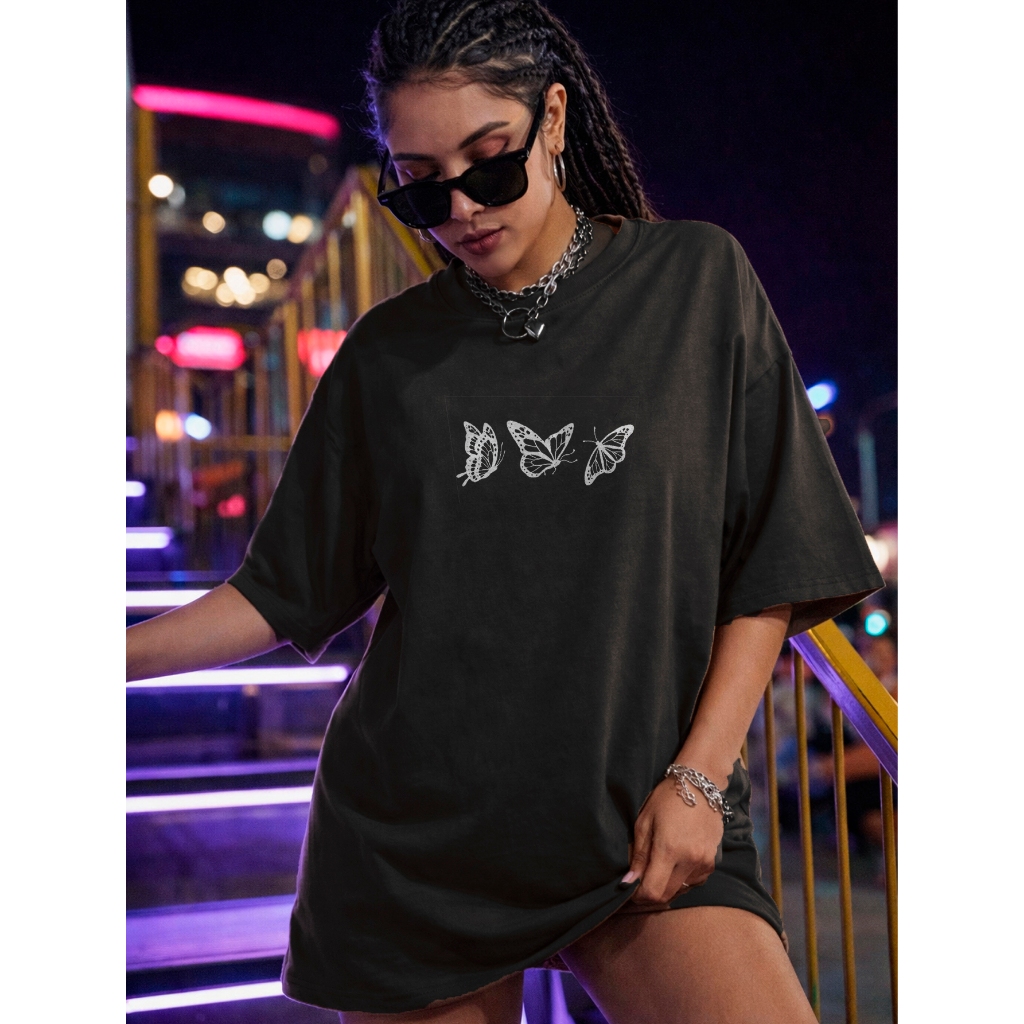 Camiseta Blusa Oversized T-shirt Algodão Feminina Camisa Academia Moda Blogueira Butterfly Camisetão