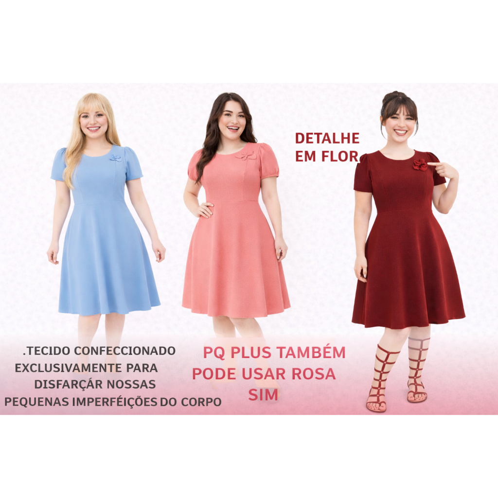 Vestido Moda Evangélica Social Rodado Plus Size 38 ao 52 Midi Flor Vermelho Carmesim Fardamento igreja congresso coral