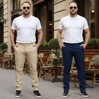 Kit 2 Calças Masculinas Plus Size Social Sport Fino em Sarja com Lycra – Do 48 ao 56 - Azul / Bege em Oferta na Shopee
