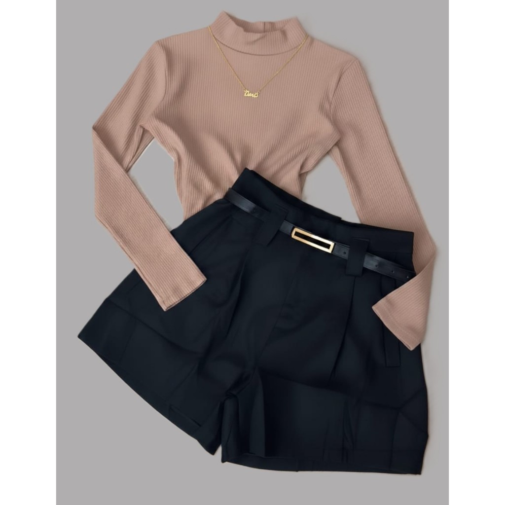 Conjunto Bory Manga Longa Gola Alta Suplex e Short Alfaiataria com Cinto Ajustável Meia-Estação/Inverno em Oferta na Shopee