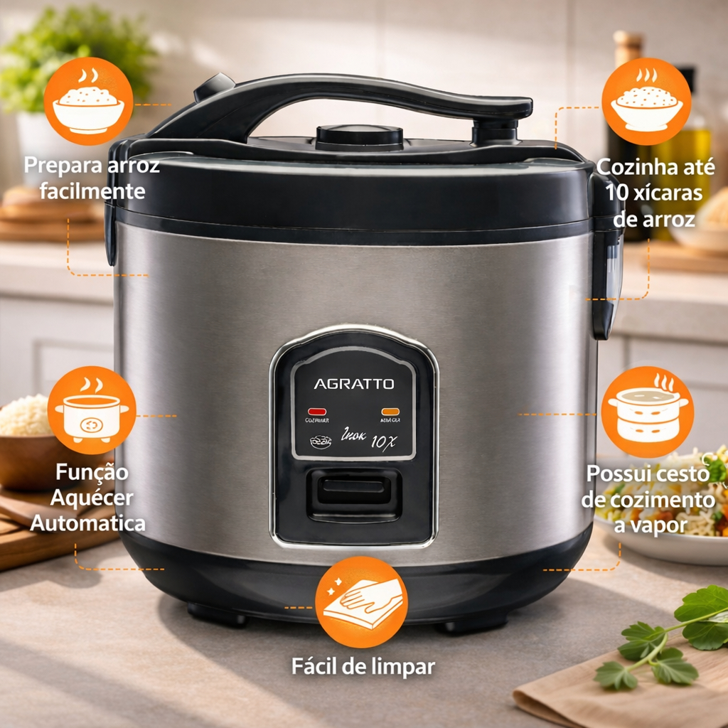 Imagem Panela Inox Arroz Elétrica Agratto Preta Visor Vidro 10 Xicaras