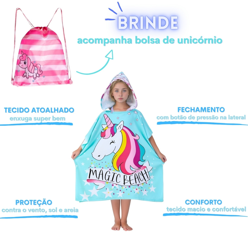 Roupão Poncho atoalhado de verão menina de unicórnio com capuz