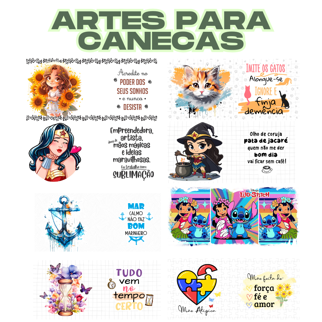 50 Artes para Sublimação Caneca | Estampas Prontas p/ Porcelana e Polímero + Brinde