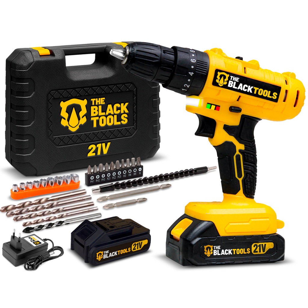 Parafusadeira E Furadeira Impacto 21v 3/8 Bivolt 2 Baterias The Black Tools em Oferta na Shopee