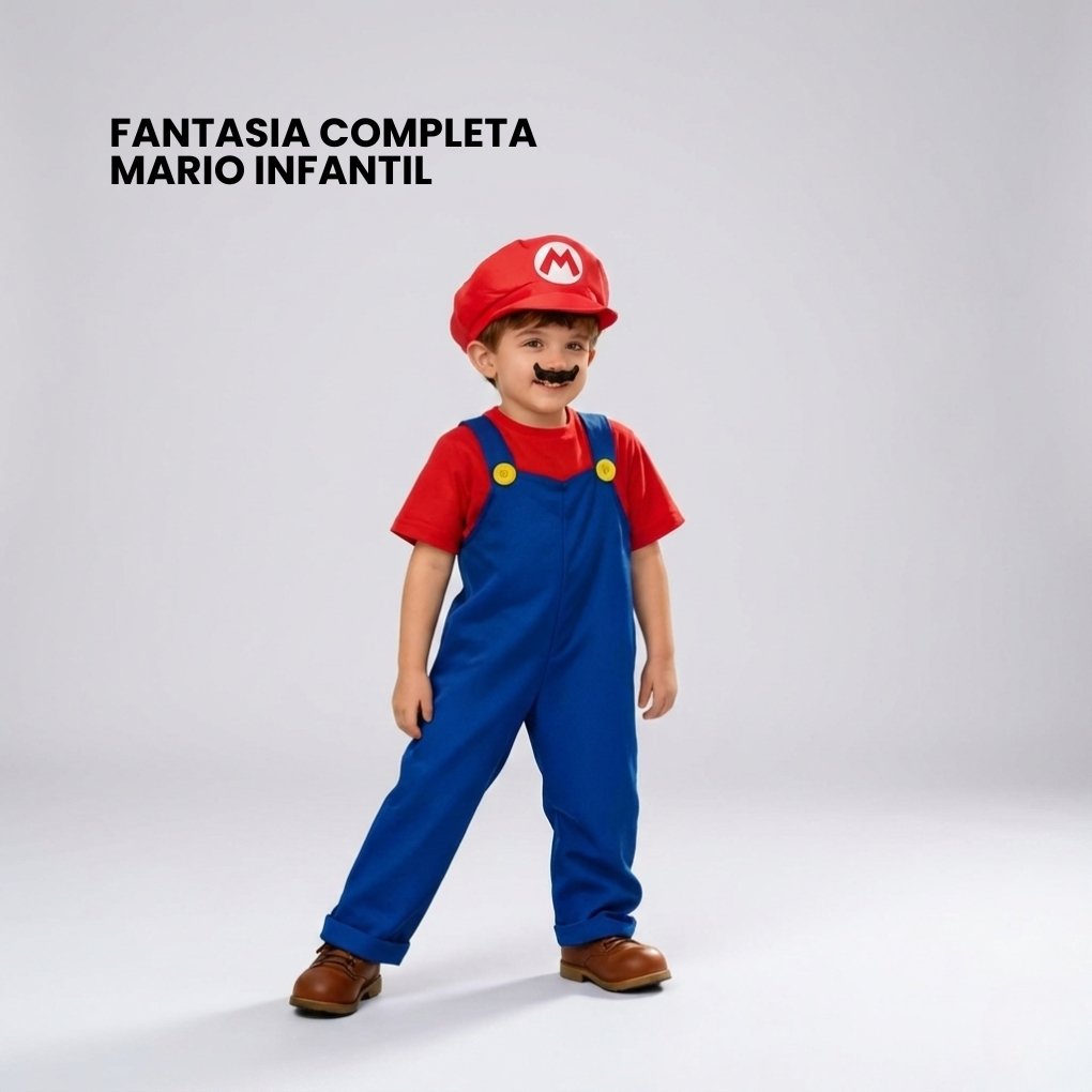 FANTASIA INFANTIL MARIO  CONJUNTO COMPLETO + CHAPÉU + BIGODE DE BRINDE em Oferta na Shopee