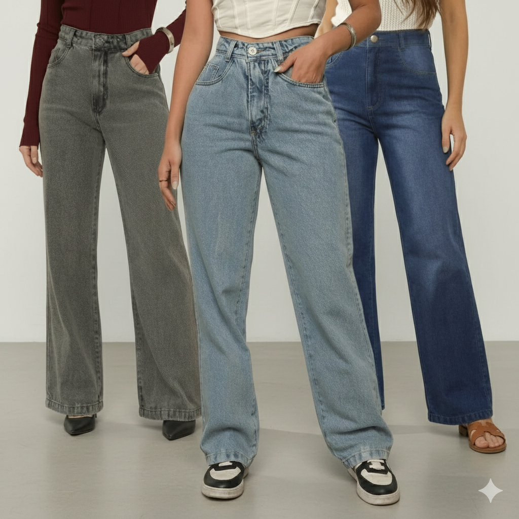 Kit 3 Calças Jeans Femininas Wide Leg Marmorizadas Cintura Alta Pantalona Tecido Grosso Elegante