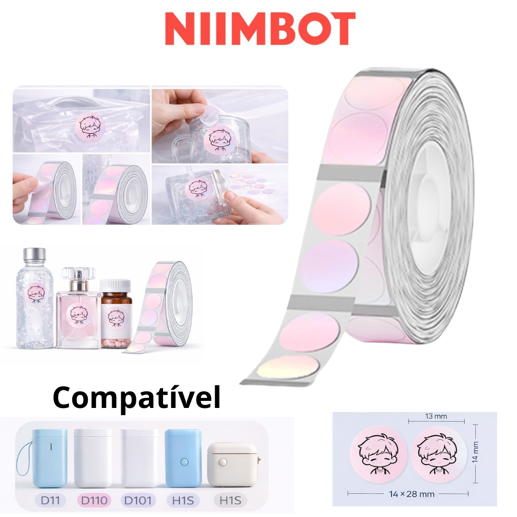 NIIMBOT Rolo Bobina Papel Etiqueta D11 D110 D101 Térmica Transparente Rosa Iridescente 14x28mm 205 Rotulos