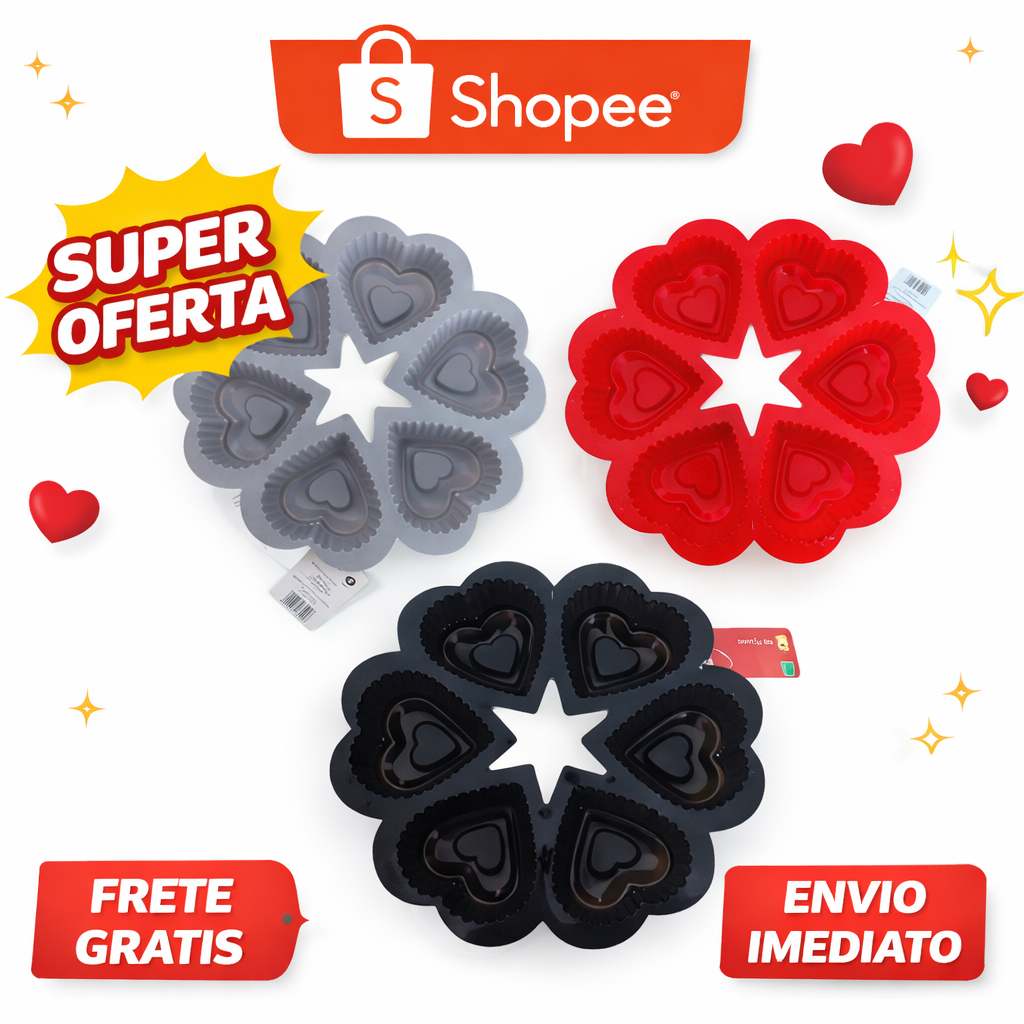 Forma de Silicone Coração 25x25cm com 6 Cavidades Antiaderente para Bolo Pudim Gelatina Velas