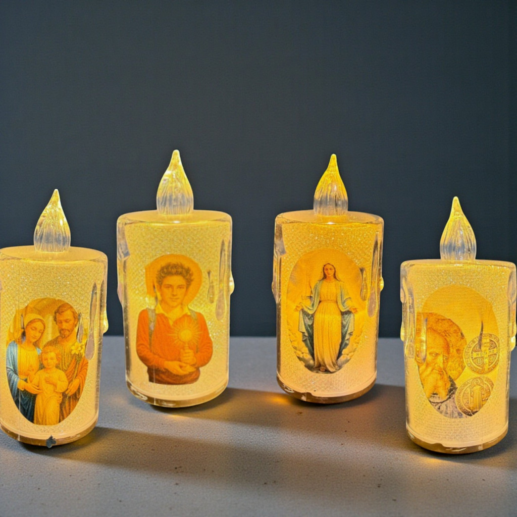 Vela Led Decorativa Com Imagem 8cm Nossa Senhora Aparecida nazare graças sagrada familia carlo acutis sao bento miguel