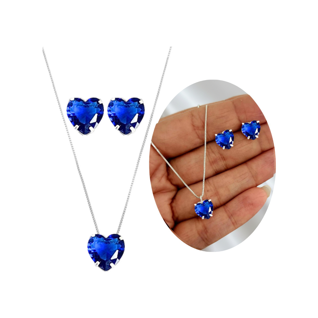 Colar E Brinco Coração Brilhante Azul Marinho Cravejado Prata 925 Antialérgico Azul Coração Oceano em Oferta na Shopee