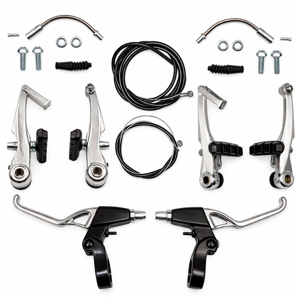 Kit Jogo De Freio Bicicleta V-break Alumínio Com Manete + Cabos Par Completo Tipo Logan Bike Mtb