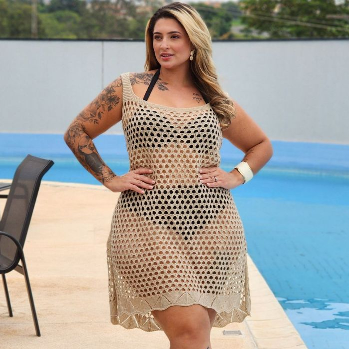Saida De Praia Plus Size Vestido Trico Vazado Feminina Vestido Verão