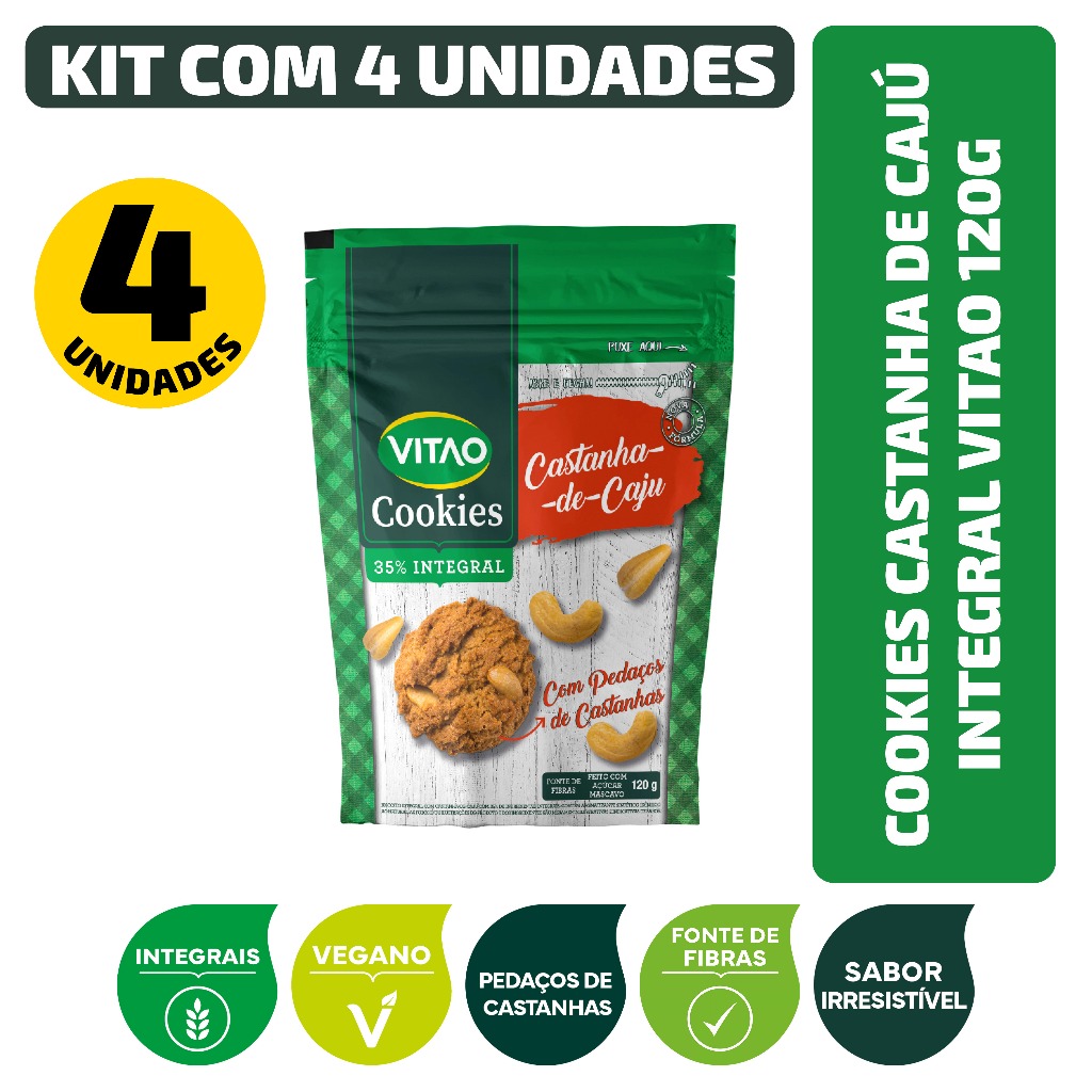 Kit Cookies Castanha De Cajú Integral Vitao 120G - 4 Unidades em Oferta na Shopee