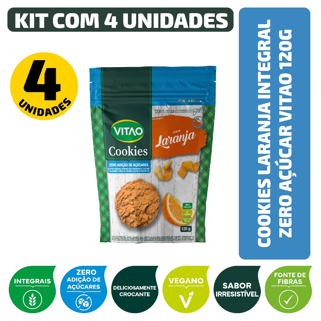 Kit Cookies Laranja Integral Zero Açúcar Vitao 120G - 4 Unidades em Oferta na Shopee