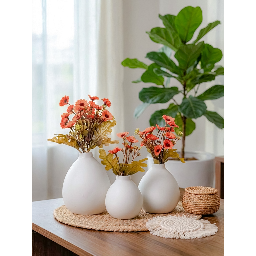 Arranjo de Flor Artificial Decorativa e Trio de Vasos de Cerâmica Buquê de Flor do Campo Decoração de Casa e Escritório