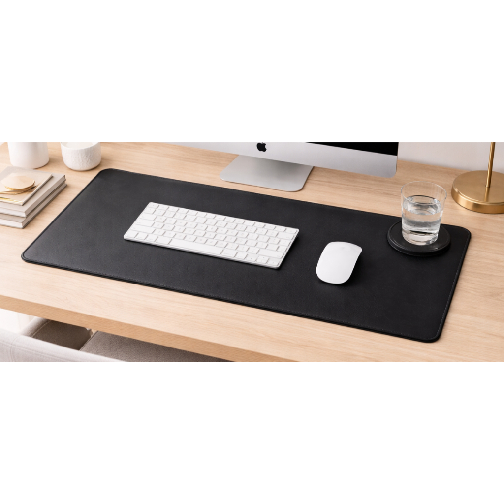 Deskpad Mouse Pad 70x30cm Grande Couro Gamer Escritório Mesa Preto + Porta Copo