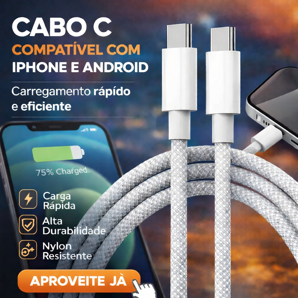 Cabo USB-C Tipo C para iPhone 15 Iphone 16 e Android | Carregamento Rápido | Nylon Flexível Trançado Super Resistente