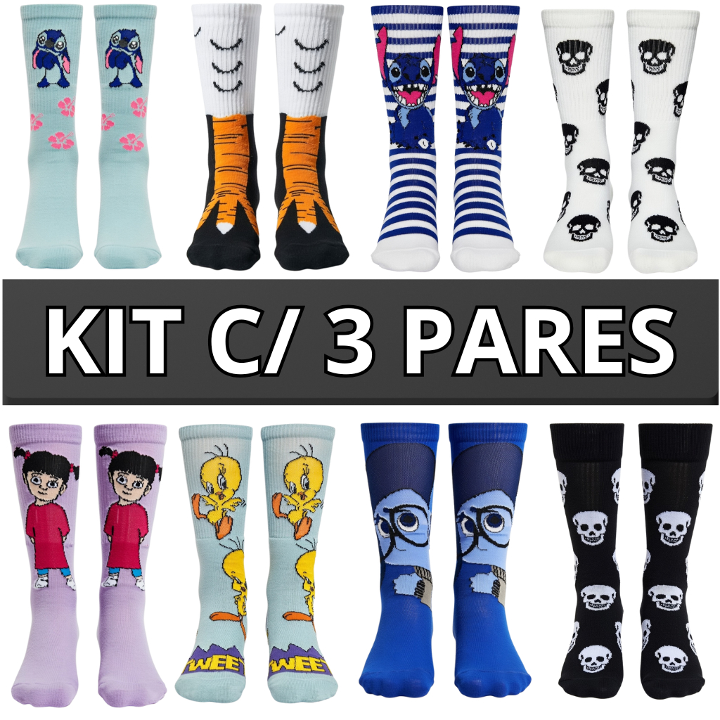 Kit 3 Pares de Meias Divertidas Adulto – Personagens | Unissex em Oferta na Shopee
