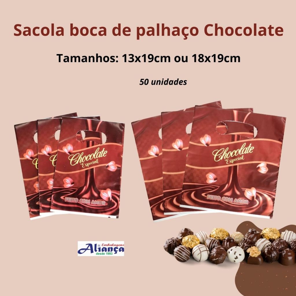 50 Mini Sacolas Boca de Palhaço 0,8 Tema Chocolate Especial Tamanhos a Escolha