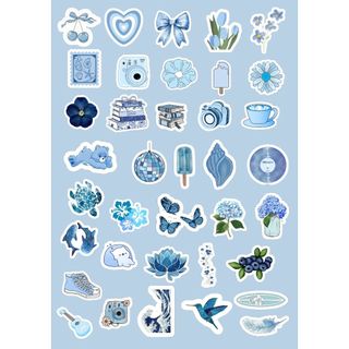 Kit 36 Adesivos Azul Aesthetic – Impressos em Papel Adesivo para Journal e Scrapbook